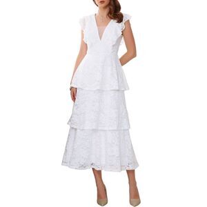 Lace Wedding Guest Cocktail Evening Ruffle Cap Sleeves Maxi Dress White
